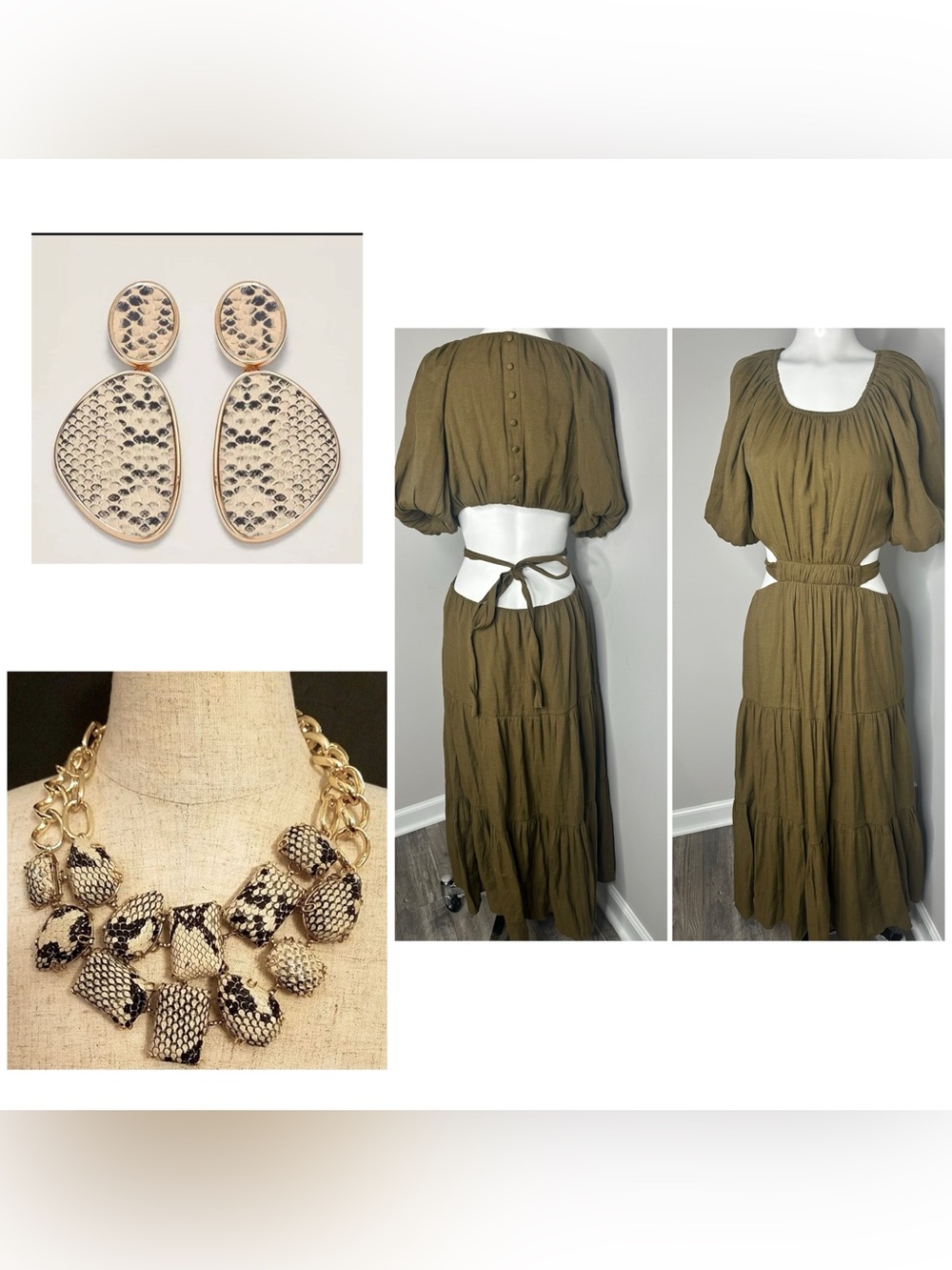 Olive Green Tiered cut out  Maxi Dress with Puff Sleeves open back -LARGE